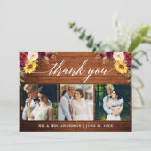 Kalligrafie gemengd bloemig bruiloft hout 3 foto bedankkaart (Staand voorkant)