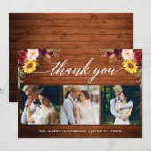Kalligrafie gemengd bloemig bruiloft hout 3 foto bedankkaart (Voorkant / Achterkant)