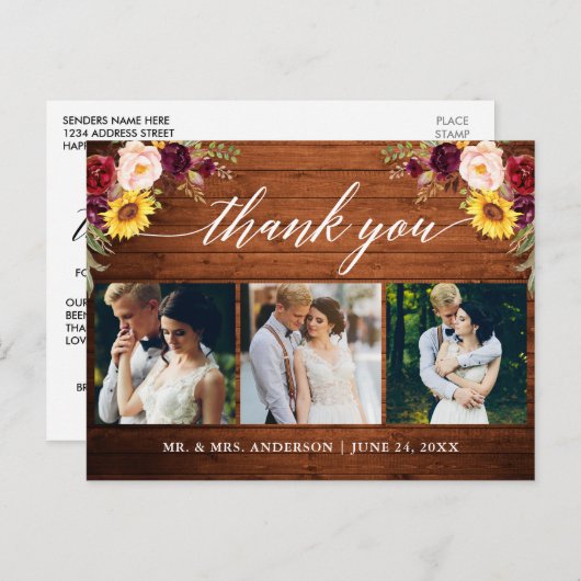 Kalligrafie gemengd bloemig bruiloft hout dank u briefkaart (Voorkant / Achterkant)