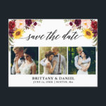 Kalligrafie Gemengd Floral sparen Datum 3 Foto Aankondigingskaart<br><div class="desc">Moderne kalligrafie script,  Waterverf Burgundy Floral,  Save the Date Verloving Announcement Couple 3 Foto Briefkaart omvat grove rozen,  roze rozen,  rode rozen,  zonnebloemen en botanische groen.</div>