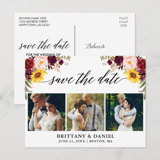 Kalligrafie Gemengd Floral sparen Datum 3 Foto Aankondigingskaart (Voorkant / Achterkant)