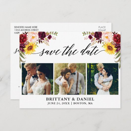 Kalligrafie gemengde bloem save the date 3 foto aankondigingskaart (Voorkant / Achterkant)
