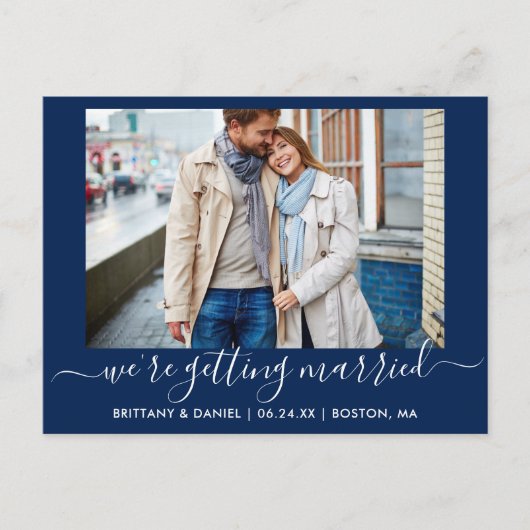 Kalligrafie Getrouwen Bewaar de datum blauw Briefkaart (Voorkant)