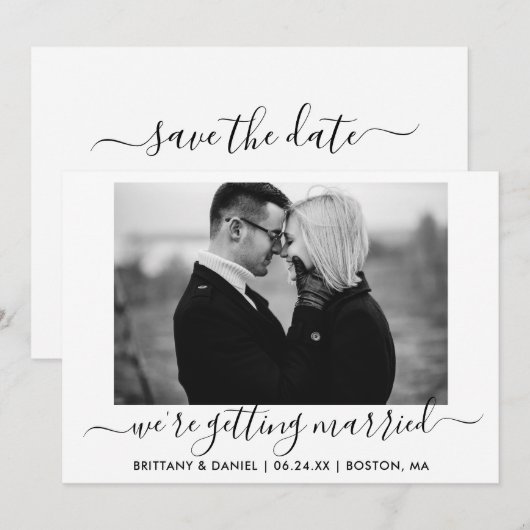 Kalligrafie Getrouwen Zwart-wit Foto Save The Date (Voorkant / Achterkant)