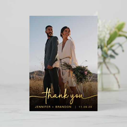 Kalligrafie Gouden Folie Dank u | Trouwfoto Folie Feestdagenkaart (Staand Voorkant)
