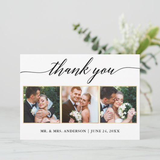 Kalligrafie Gouden Lijsten Bruiloft 3 Foto Bedankkaart (Staand voorkant)
