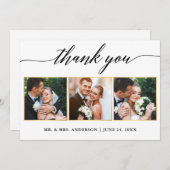 Kalligrafie Gouden Lijsten Bruiloft 3 Foto Bedankkaart (Voorkant / Achterkant)