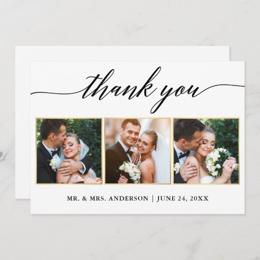 Kalligrafie Gouden Lijsten Bruiloft 3 Foto Bedankkaart (Voorkant / Achterkant)