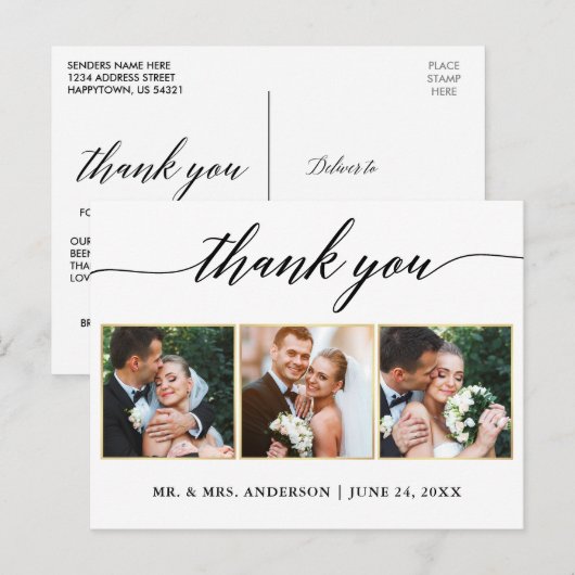Kalligrafie Gouden Trouw 3 Foto Bedankt Briefkaart (Voorkant / Achterkant)