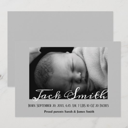 Kalligrafie Gray Baby Boy Fotoaankondiging Aankondiging (Voorkant / Achterkant)