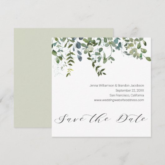 Kalligrafie groen Eucalyptus Save the Date (Voorkant / Achterkant)