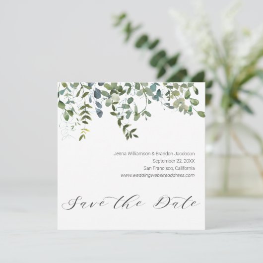Kalligrafie groen Eucalyptus Save the Date (Staand voorkant)