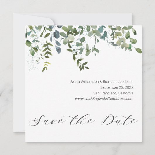 Kalligrafie groen Eucalyptus Save the Date (Voorkant)