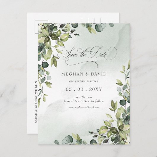 Kalligrafie groen Eucalyptus Save the Date Aankondigingskaart (Voorkant / Achterkant)
