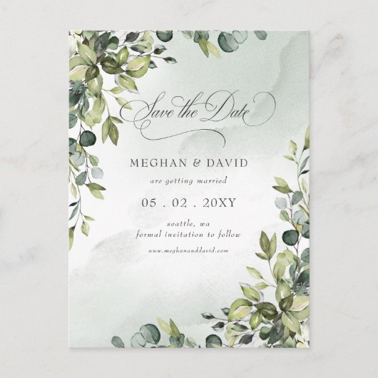 Kalligrafie groen Eucalyptus Save the Date Aankondigingskaart (Voorkant)