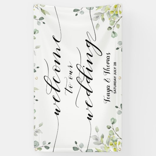 Kalligrafie Groen Eucalyptus Welkom Trouwen Spandoek (Verticaal)