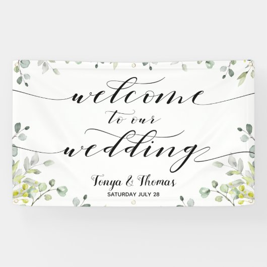 Kalligrafie Groen Eucalyptus Welkom Trouwen Spandoek (Horizontaal)
