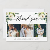 Kalligrafie Groen Wit Bloemen Huwelijk 3 Foto Bedankkaart (Voorkant)