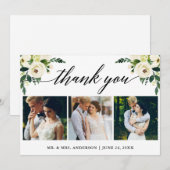 Kalligrafie Groen Wit Bloemen Huwelijk 3 Foto Bedankkaart (Voorkant / Achterkant)