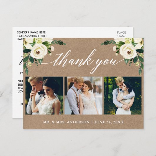 Kalligrafie Groene Bloemen Bruiloft Dank u Kraft Briefkaart (Voorkant / Achterkant)