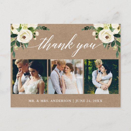 Kalligrafie Groene Bloemen Bruiloft Dank u Kraft Briefkaart (Voorkant)