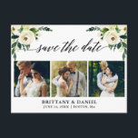 Kalligrafie Groene Bloemen Save The Date 3 Foto Aankondigingskaart<br><div class="desc">Modern kalligrafiescript,  Waterverf Groen Wit Bloemen,  Save the Date Verloving Aankondiging Paar 3 Foto Briefkaart</div>