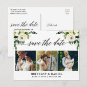 Kalligrafie Groene Bloemen Save The Date 3 Foto Aankondigingskaart (Voorkant / Achterkant)