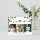 Kalligrafie Groene Bloemen Save The Date 3 Foto Aankondigingskaart (Staand voorkant)