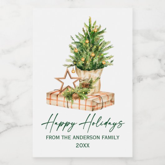 Kalligrafie Groene Ink Waterverf Boomvakantie Wijn Etiket (Enkel label)