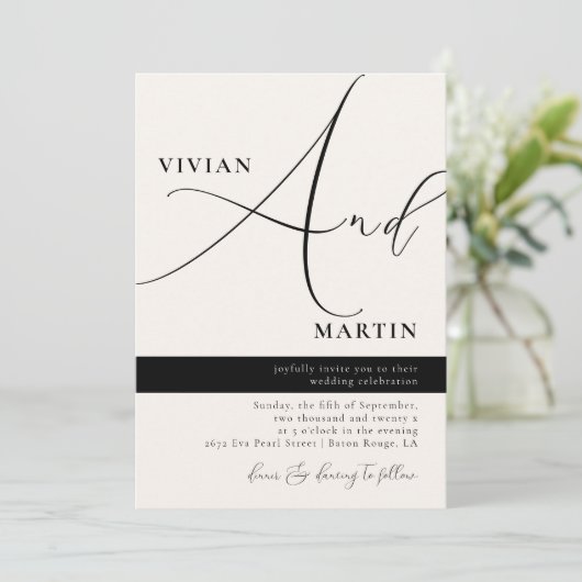 Kalligrafie Grote Bold "En" Zwart & Wit Bruiloft Kaart (Staand voorkant)