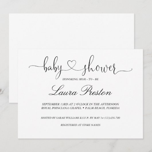 Kalligrafie Handgeschreven Baby shower Uitnodiging (Voorkant / Achterkant)