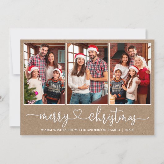 Kalligrafie Hart 3 Foto Kraft Vrolijk Kerstfeest Feestdagenkaart (Voorkant)