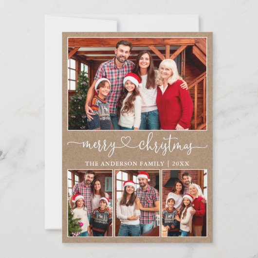 Kalligrafie Hart 4 Foto Kraft Vrolijk Kerstfeest Feestdagenkaart (Voorkant)