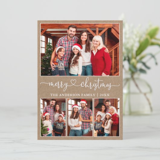 Kalligrafie Hart 4 Foto Kraft Vrolijk Kerstfeest Feestdagenkaart (Staand voorkant)