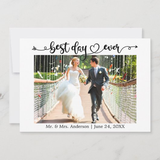 Kalligrafie Hart Beste Dag Ooit Foto Bruiloft Bedankkaart (Voorkant)