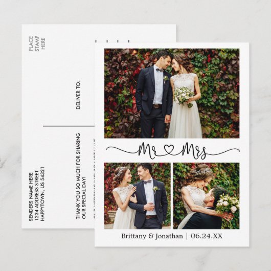 Kalligrafie Hart bruiloft Dank u 3 Foto Briefkaart (Voorkant / Achterkant)