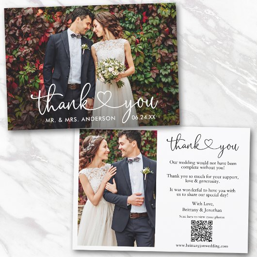 Kalligrafie Hart Bruiloft QR Code 2 Foto Bedankkaart