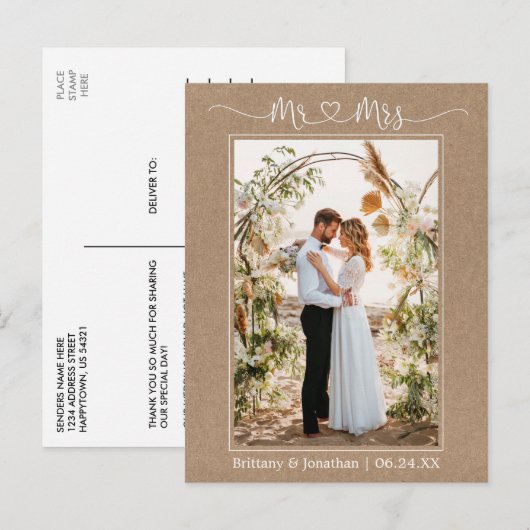 Kalligrafie Hart Dhr. Mevrouw Foto Kraft Bedankt Briefkaart (Voorkant / Achterkant)