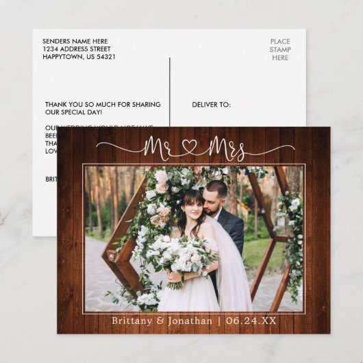 Kalligrafie Hart Dhr. Mevrouw Trouw Houten Bedankt Briefkaart (Voorkant / Achterkant)