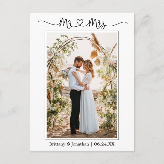 Kalligrafie Hart Dhr. Mevrouw Trouwfoto Bedankt Briefkaart (Voorkant)