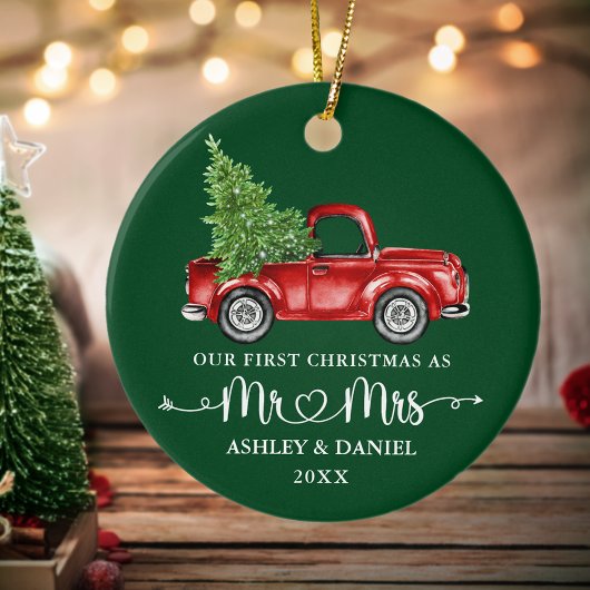 Kalligrafie Hart Eerste Kerst Rode Truck Groen Keramisch Ornament