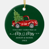 Kalligrafie Hart Eerste Kerst Rode Truck Groen Keramisch Ornament (Voorkant)