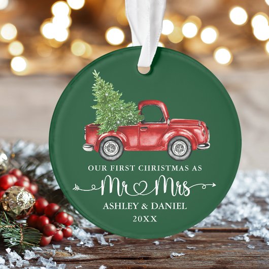 Kalligrafie Hart Eerste Kerst Rode Truck Groen Ornament