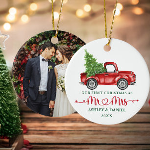 Kalligrafie Hart Eerste Kerstmis Rode Truck Foto Keramisch Ornament