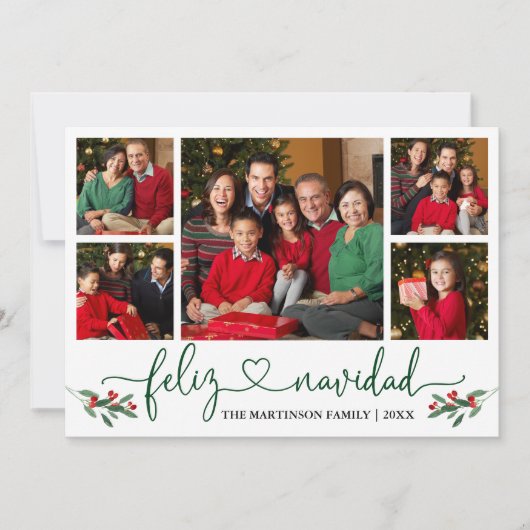 Kalligrafie Hart Feliz Navidad Holly Green Feestdagenkaart (Voorkant)