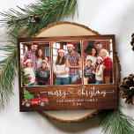 Kalligrafie Hart Hout 3 Foto Kerst Truck Briefkaart<br><div class="desc">Modern Kalligrafie Hartschrift 3 Foto Familie Fotocollage Rustiek Hout Vrolijk Kerst Briefkaart - Waterverf  Rode Vrachtwagen met Kerstboom</div>