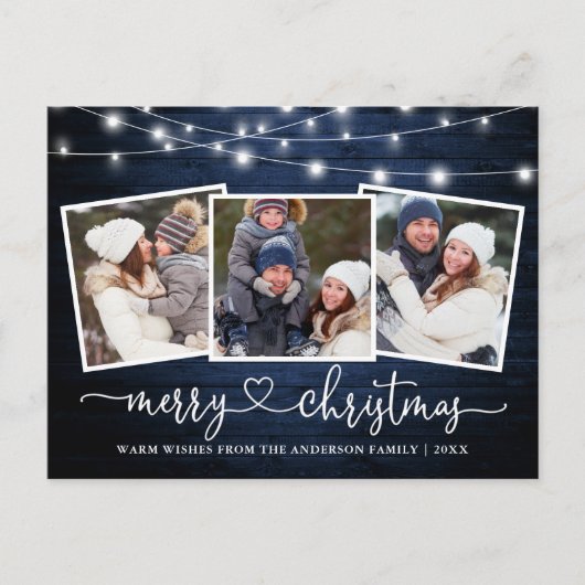 Kalligrafie Hart Kerst Blauw Hout Lichten Briefkaart (Voorkant)