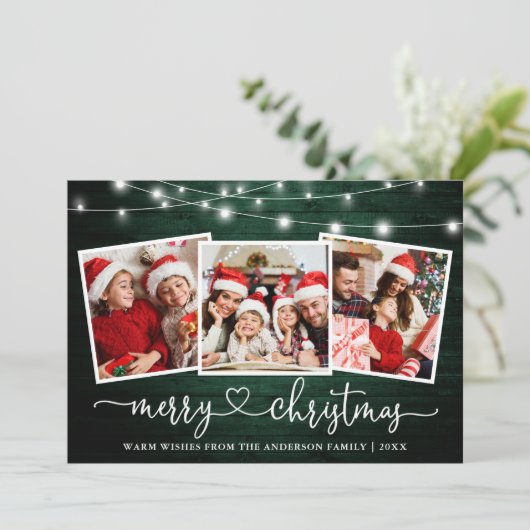 Kalligrafie Hart Kerst Groen Hout Lichten Feestdagenkaart (Staand voorkant)