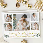 Kalligrafie Hart Kerst Waterverf Eucalyptus Feestdagenkaart<br><div class="desc">Moderne kalligrafie Script Heart Merry Christmas 5 Photo Holiday Kaart bevat Waterverf Eucalyptus Leaves. Gouden tekst.</div>
