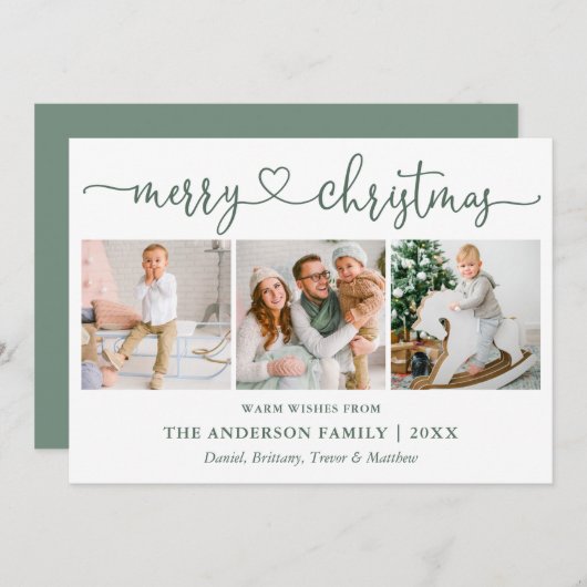 Kalligrafie Hart Kerstmis 3 Foto Sagegroen Feestdagenkaart (Voorkant / Achterkant)